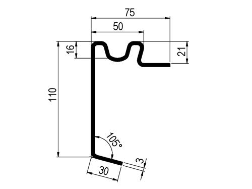 Výška profilu H = 110 mm
Tloušťka podlahy B = 21 mm
Tloušťka materiálu C = 3,0 mm
Délka profilu L = 7500 mm
